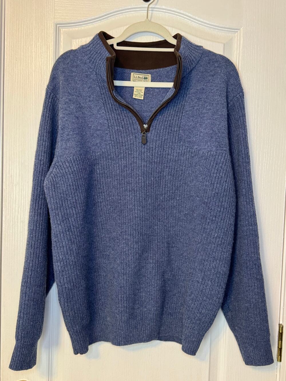 L.L.Bean Waterfowl Sweater -Mens-Blue with brown collar- Large
